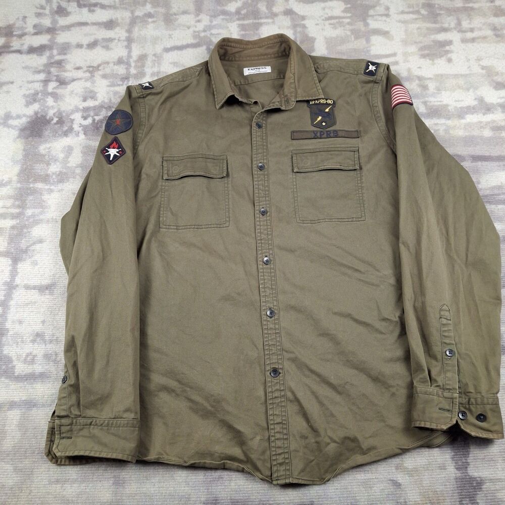 Express Mens XL Olive Green Military Utility Button Up Shirt Patches Epaulets...
